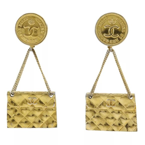 CHANEL Matelasse bag motif Earring COCO Mark vintage Plated Gold 37.8g Women - Picture 1 of 11